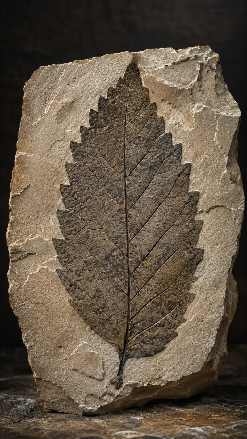 Fossil leaf in stone slab