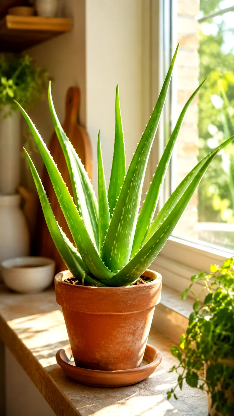 aloe vera terracotta pot sunny window sill