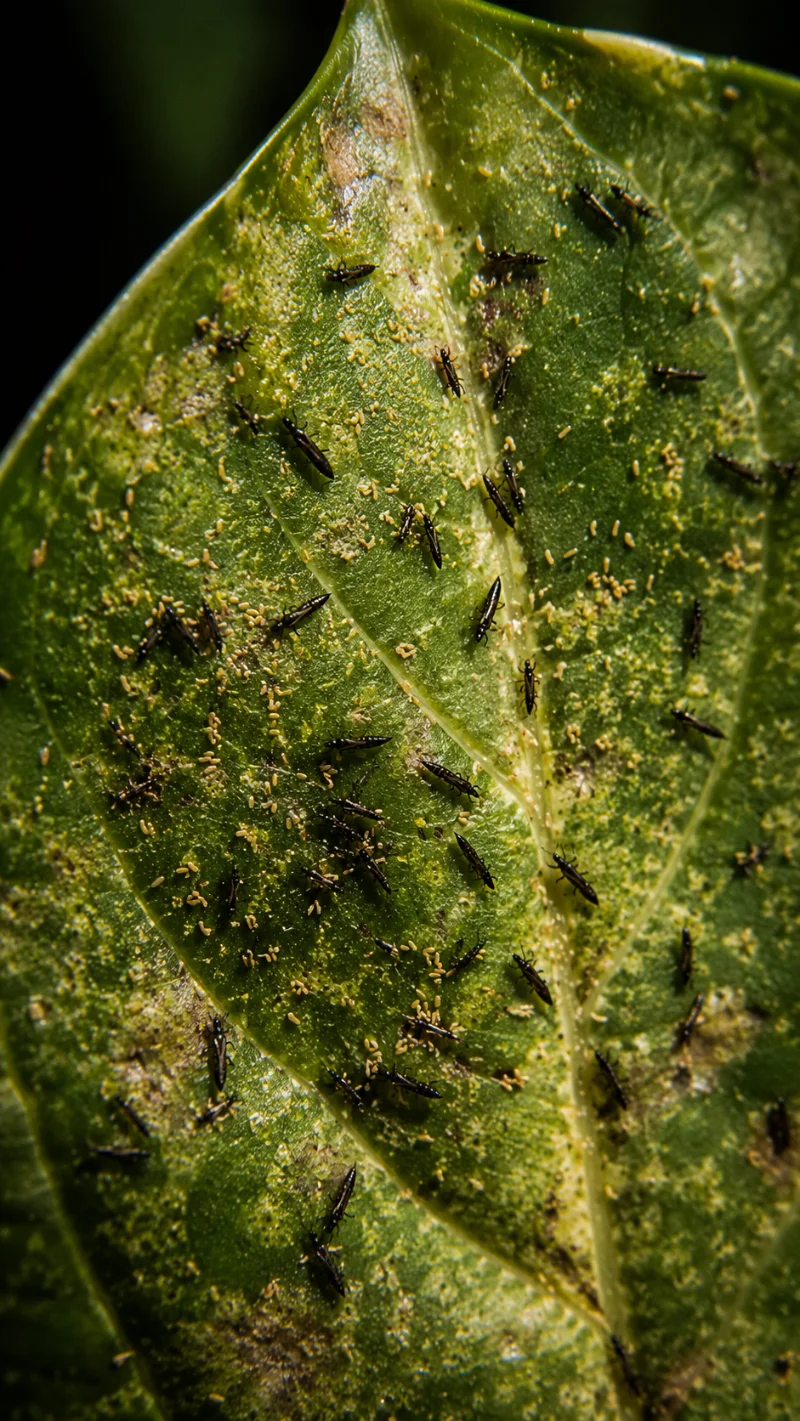 thrips infestation on plant leaf