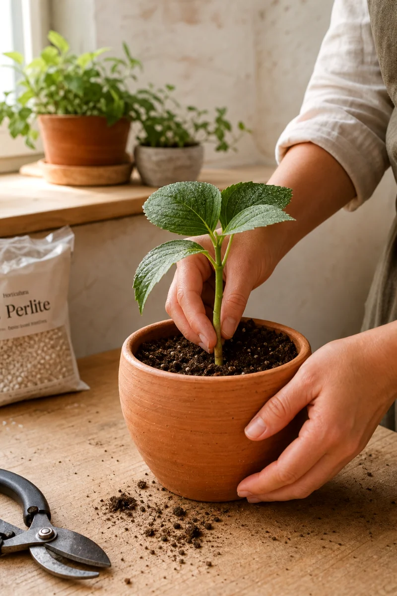 planting-hydrangea-cutting-in-terracotta-pot