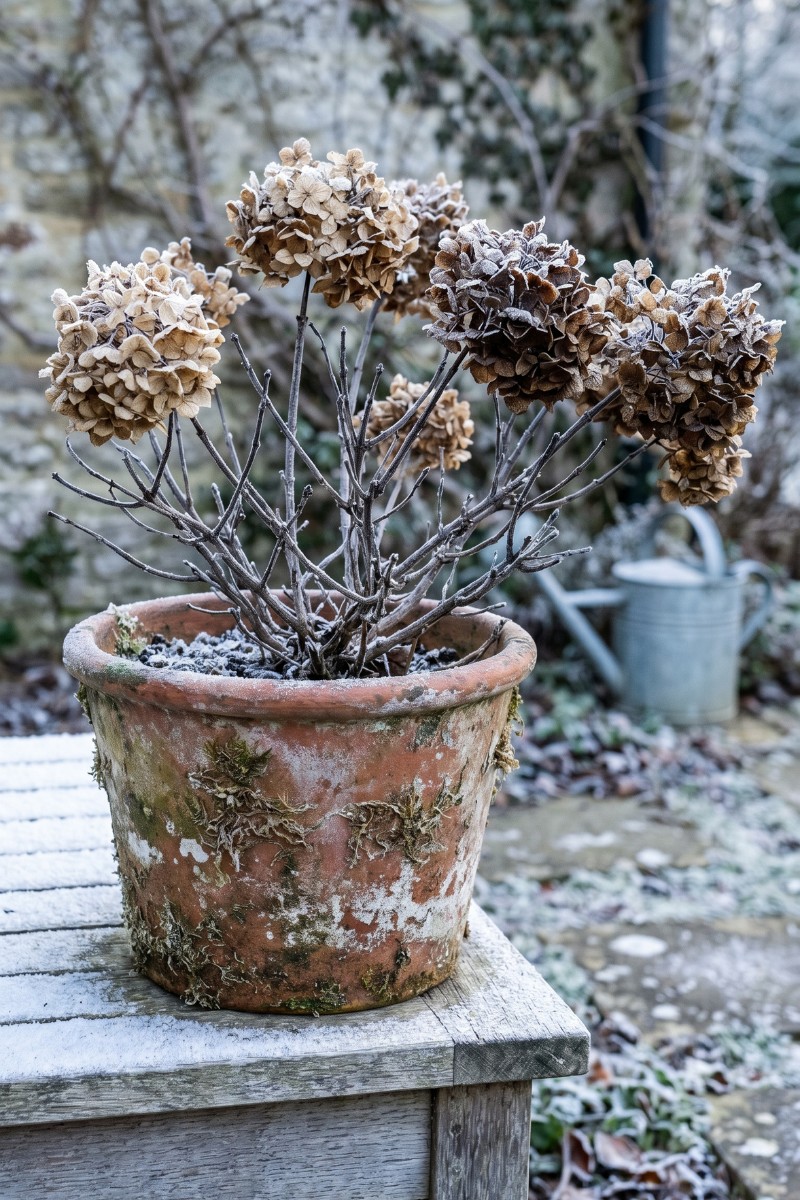 potted hydrangea winter dry flowers