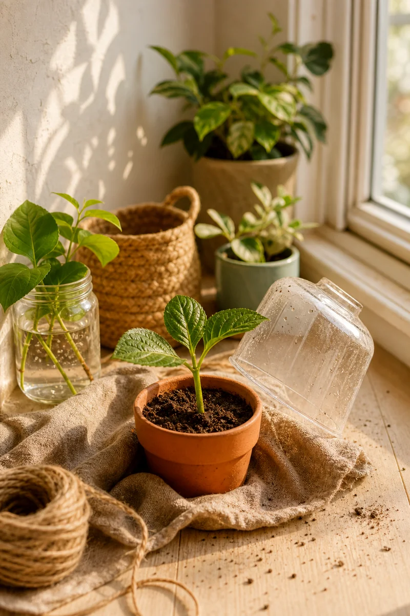 rooted-hydrangea-cutting-styled-on-windowsill
