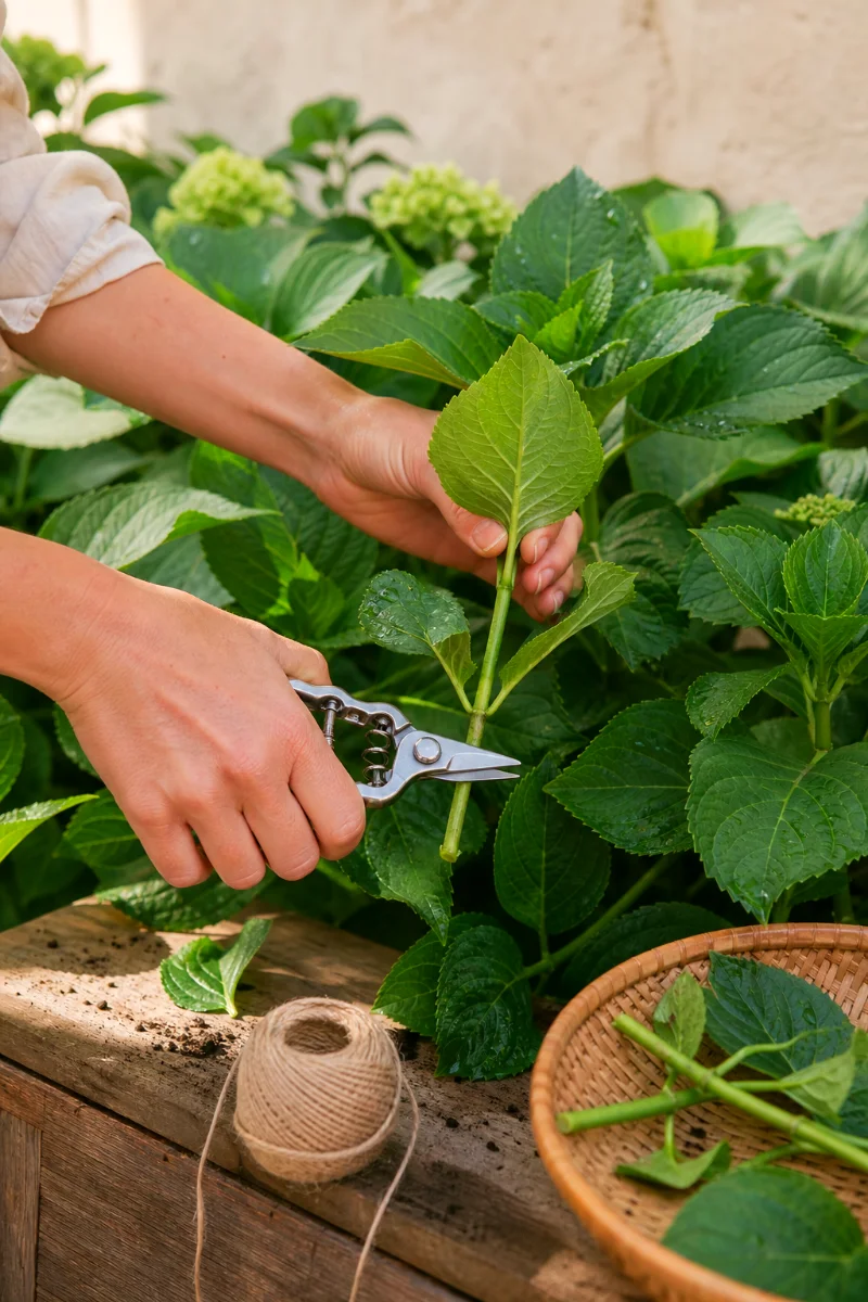 taking-a-hydrangea-cutting-for-propagation-with-shears