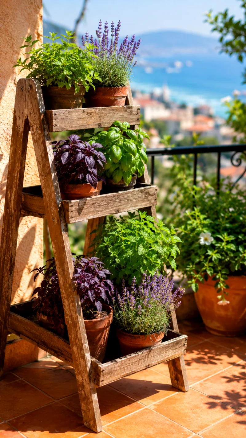 a-frame-wooden-ladder-herb-garden-terracotta-terrace