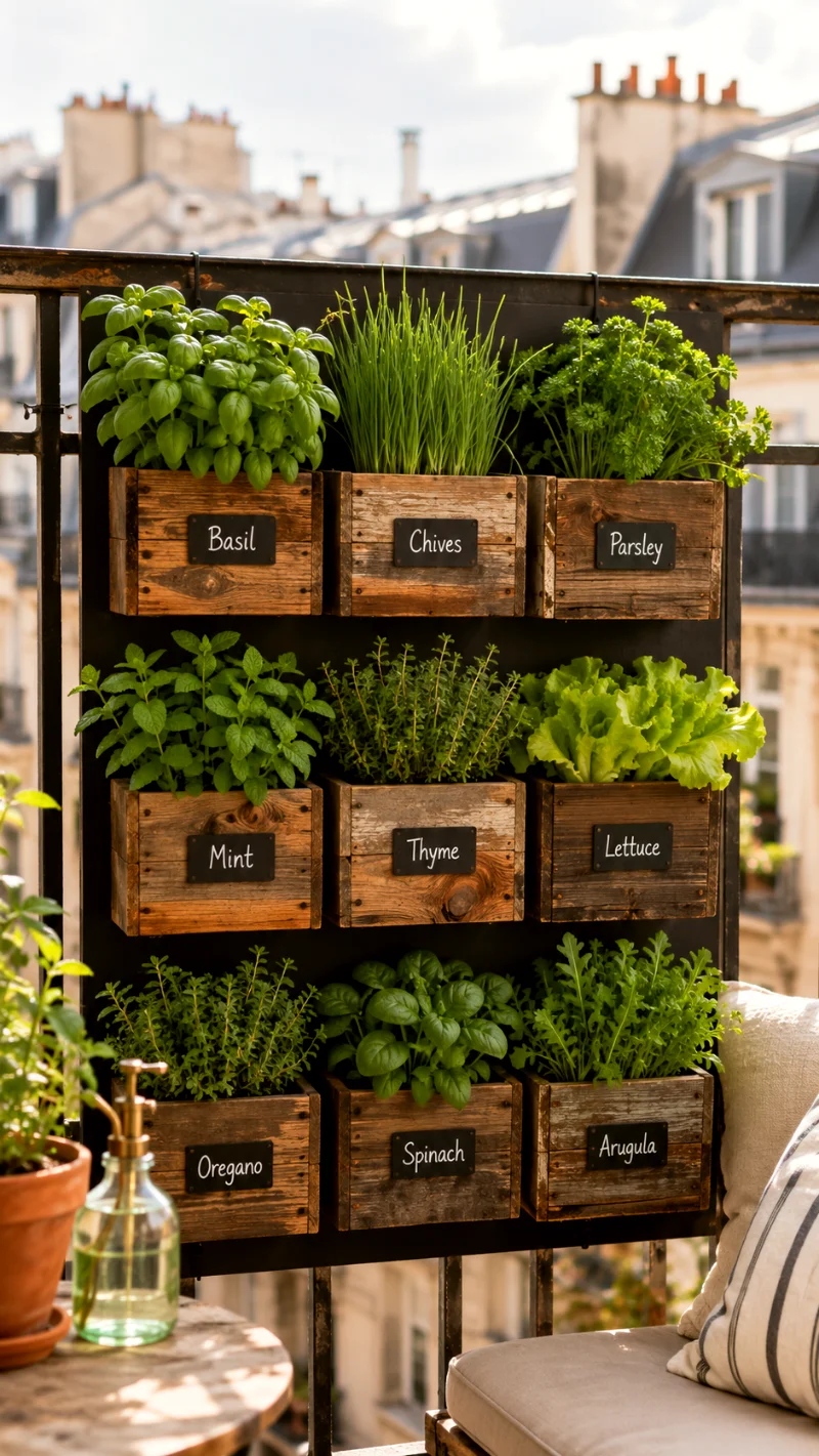 balcony-railing-vertical-herb-garden-wood-boxes
