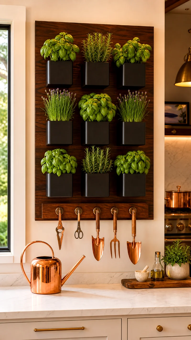 dark-wood-black-pots-indoor-herb-garden