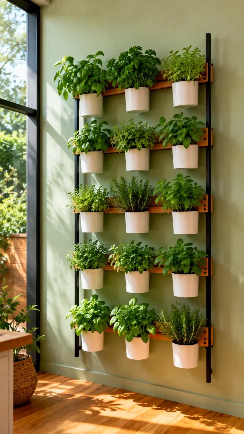 indoor-vertical-herb-garden-white-pots-green-wall