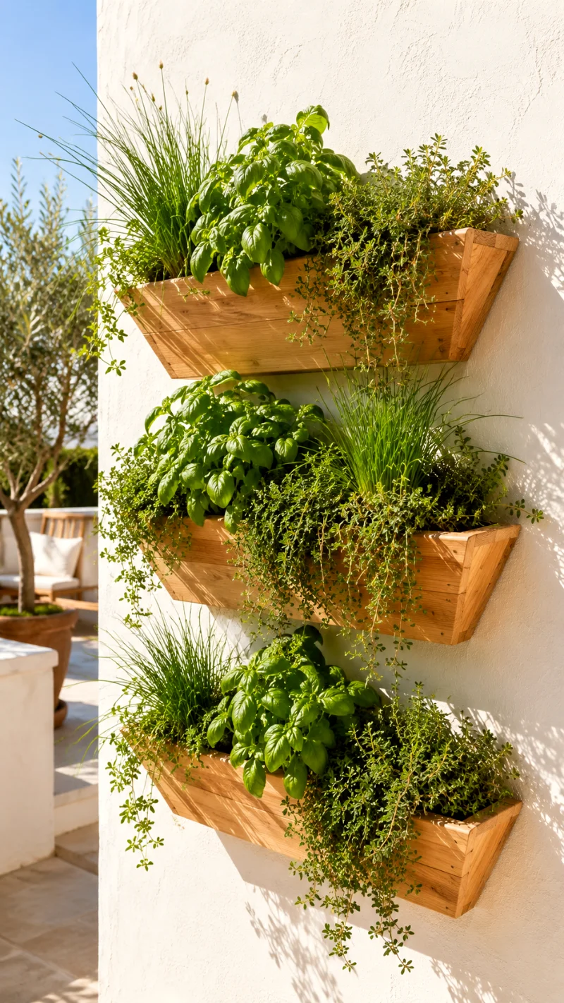 outdoor-slanted-wood-herb-planters-stucco-wall