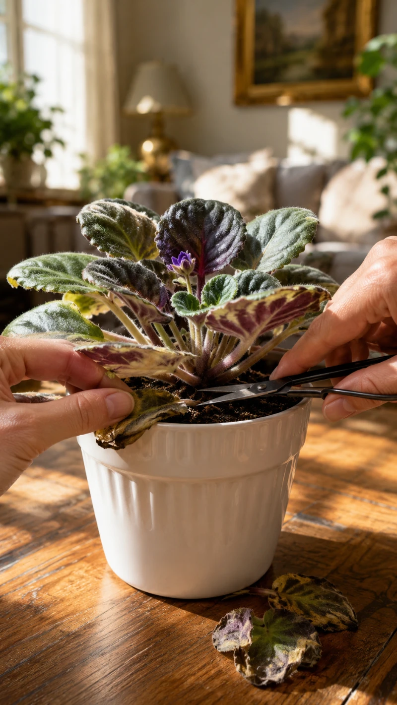African Violet Removing Rotting Leaves