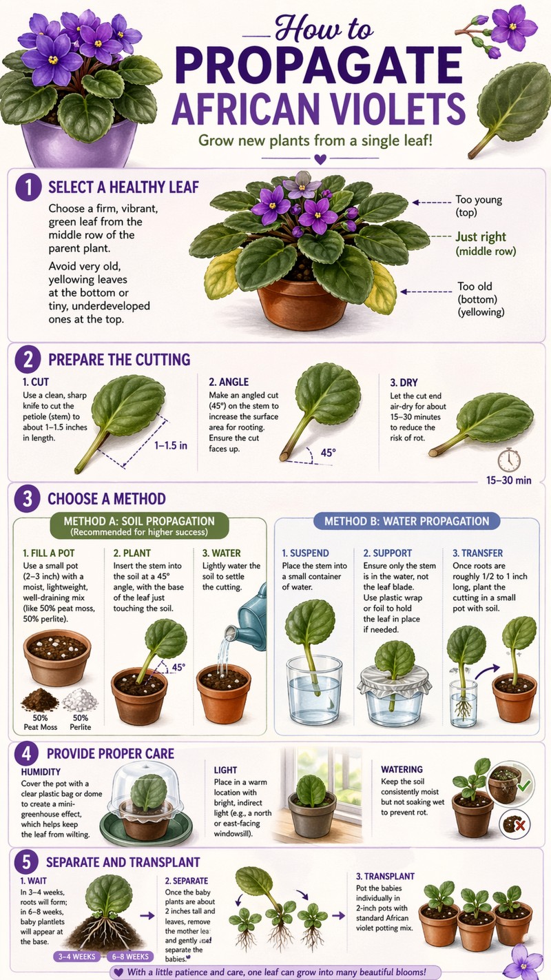 Propagate African Violets Leaf Cuttings Infographic