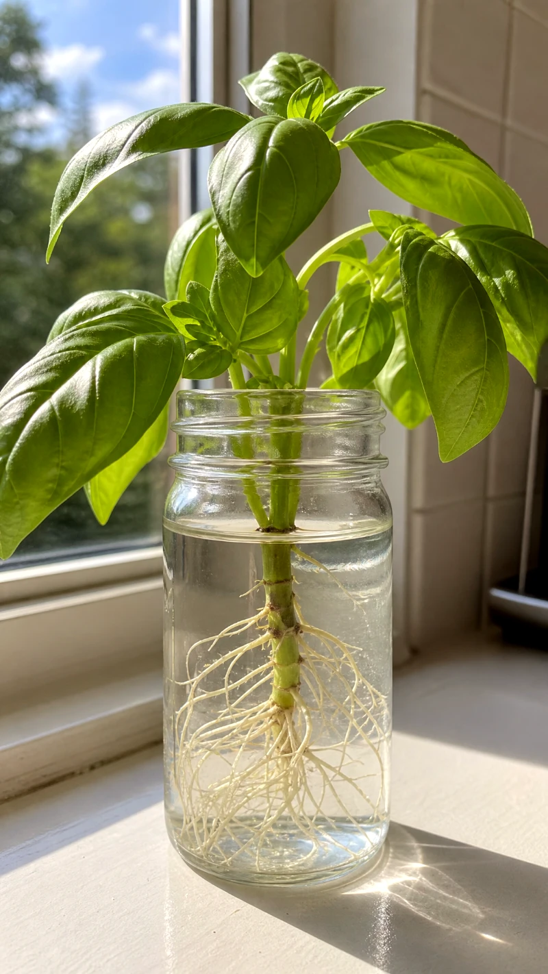 growing-basil-in-water-kitchen-windowsill