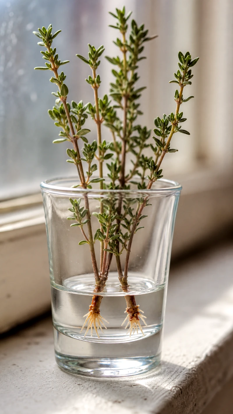 rooting-thyme-cuttings-in-water-glass