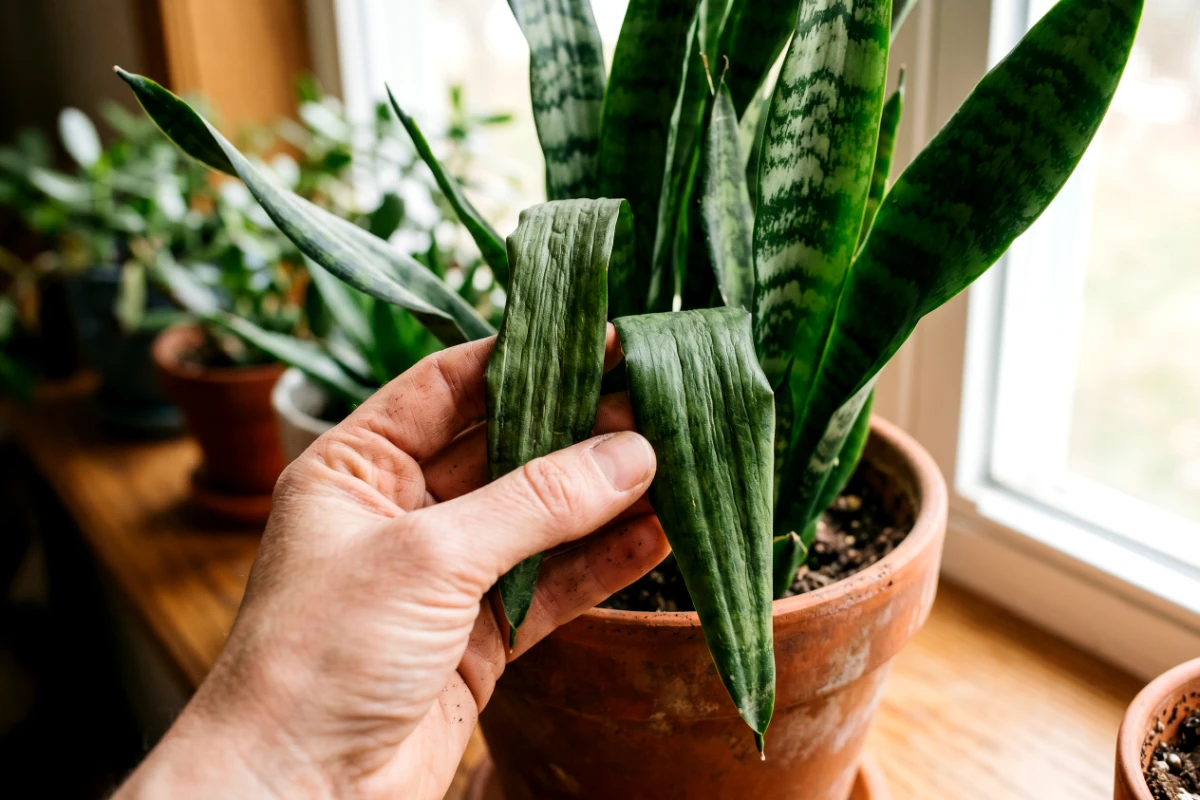 snake plant leaves curling drooping wrinkling