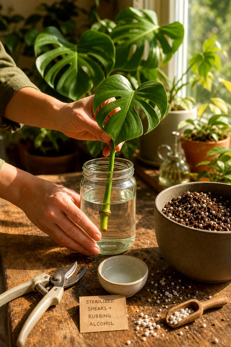 placing-monstera-cutting-in-water-jar