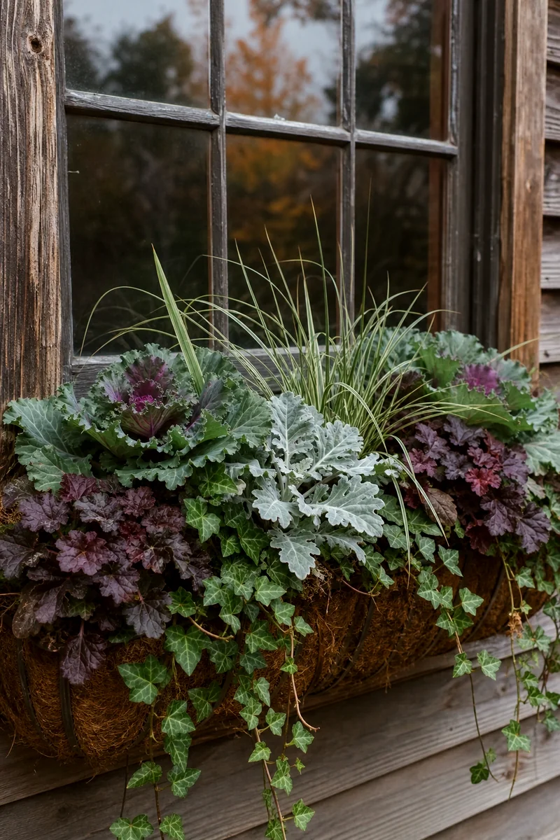 All-Foliage Fall Window Box Ornamental kale, heuchera, dusty miller, carex, and ivy in a flower-free fall window box