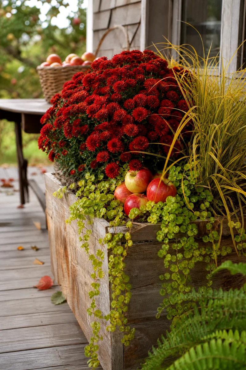Apple Harvest Mum Planter Red mums with decorative apples, golden sedge, and creeping Jenny in a wooden container