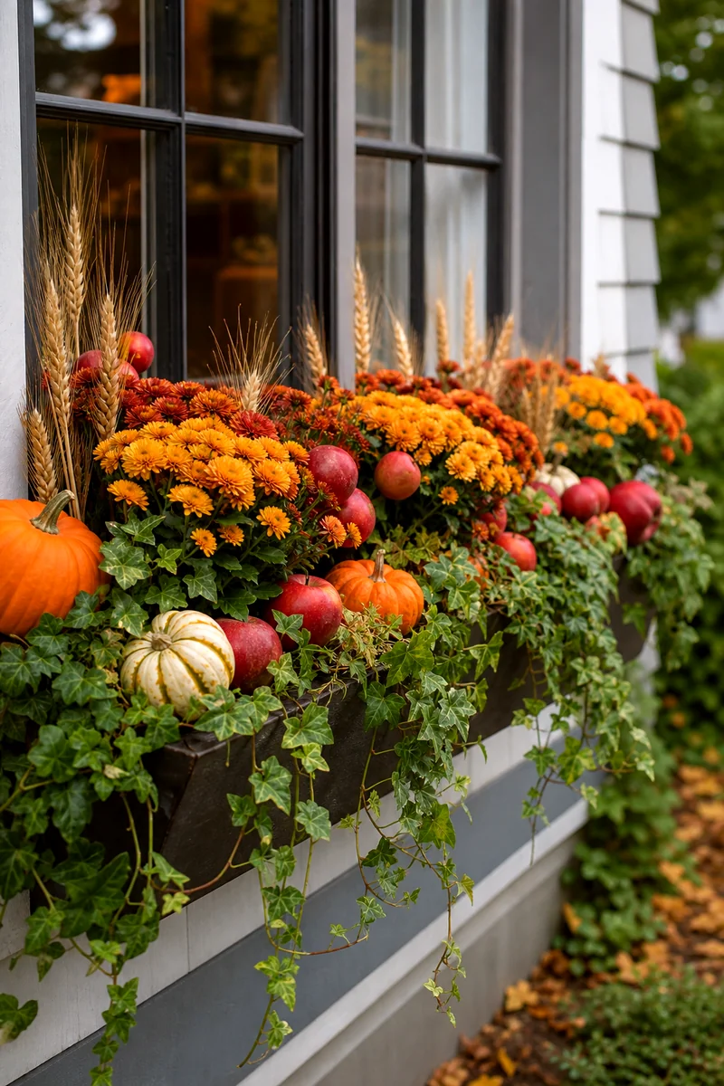 Apple Harvest Window Box Mums and ivy decorated with red apples, wheat stems, and mini pumpkins in a window box