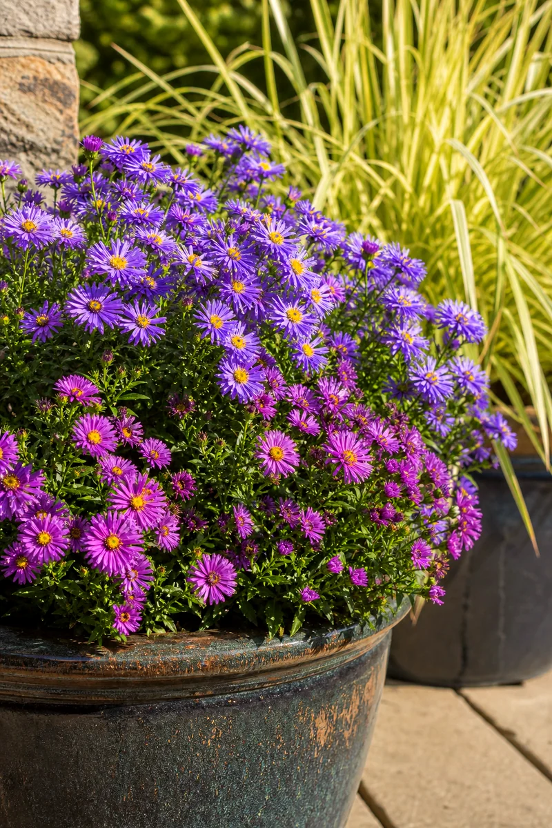 Asters Blooming in a Fall Container Purple and blue asters with yellow centers blooming in a sunny fall container