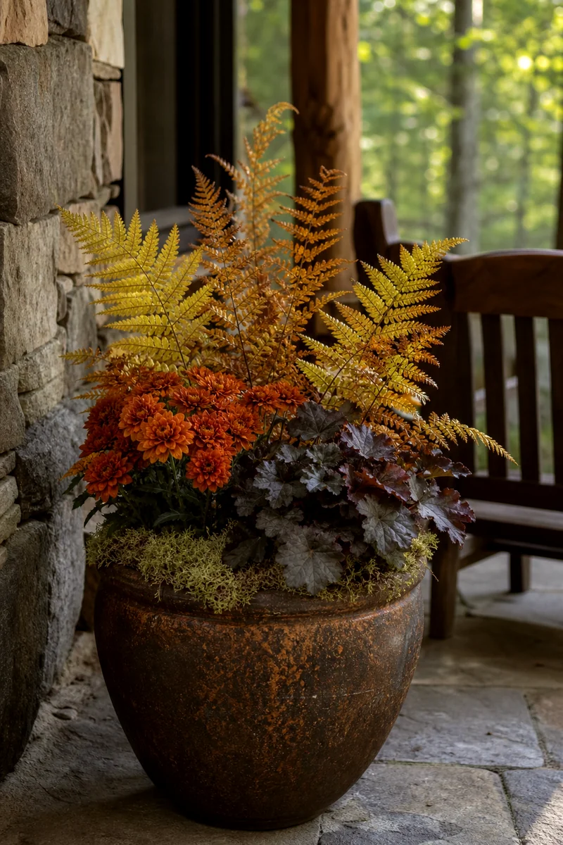 Autumn fern, bronze mums, heuchera, and moss in a rustic fall pot