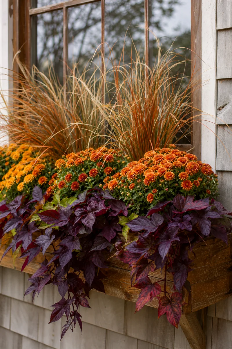 Autumn Grass Window Box Dwarf ornamental grasses, bronze mums, and trailing sweet potato vine in a fall window box
