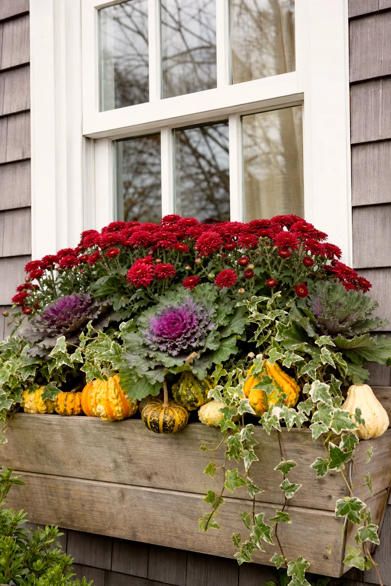 Window box with red mums, ornamental cabbage, ivy, and tiny gourds