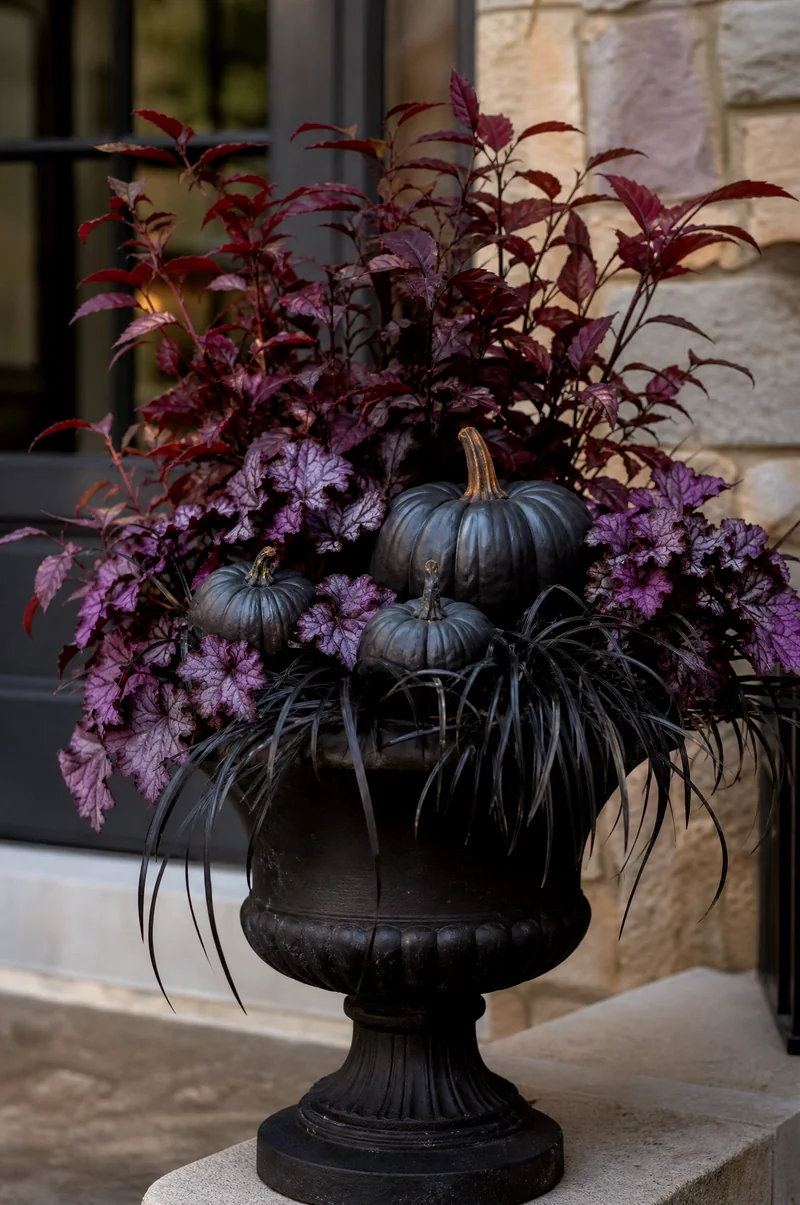 Black Pumpkin Gothic Planter Dark pumpkins with black mondo grass, purple heuchera, and burgundy foliage in a black urn
