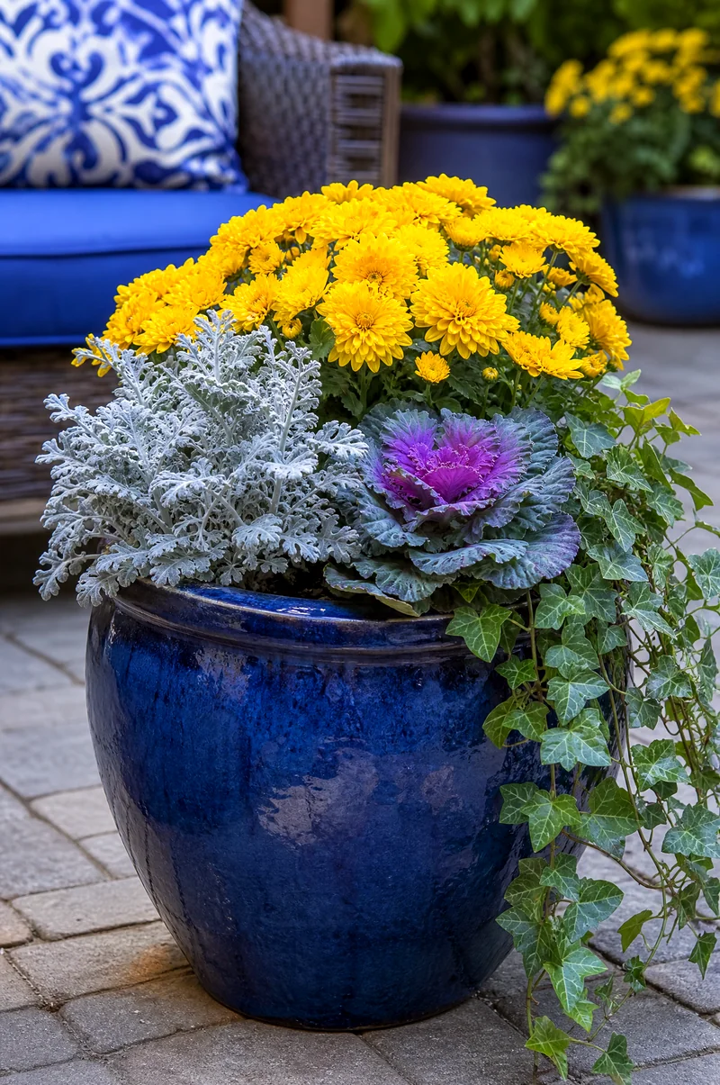 Blue Pot Yellow Mum Planter Yellow mums with silver foliage, ornamental kale, and ivy in a deep blue ceramic pot