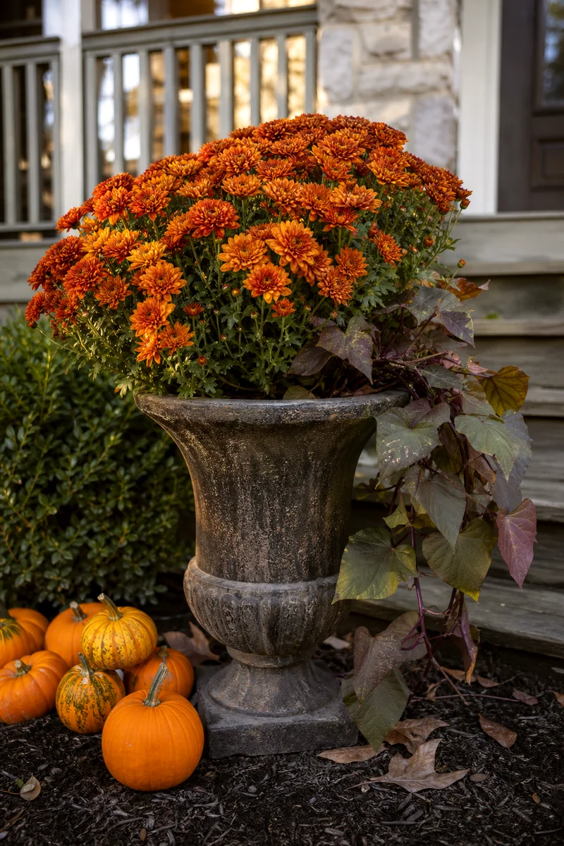 Bronze mums in a weathered urn with small pumpkins and trailing sweet potato vine