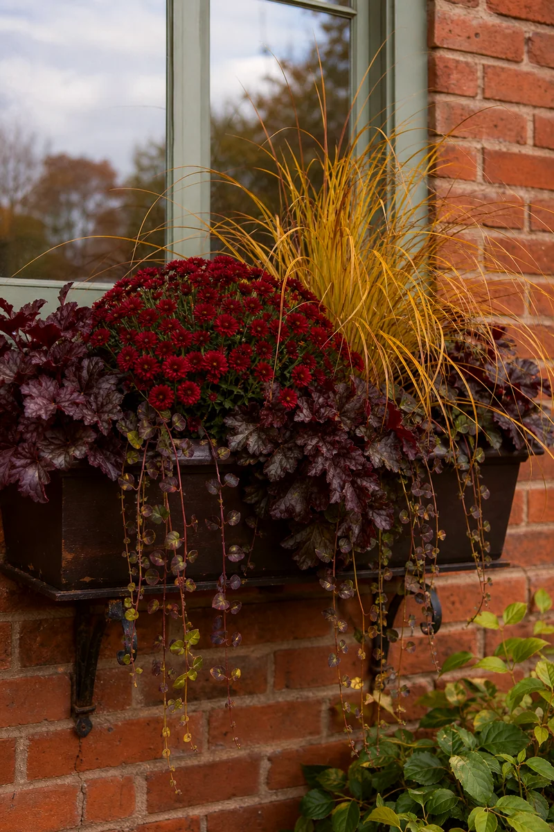 Burgundy and Gold Window Box Burgundy mums, golden carex, and dark heuchera in a fall window box