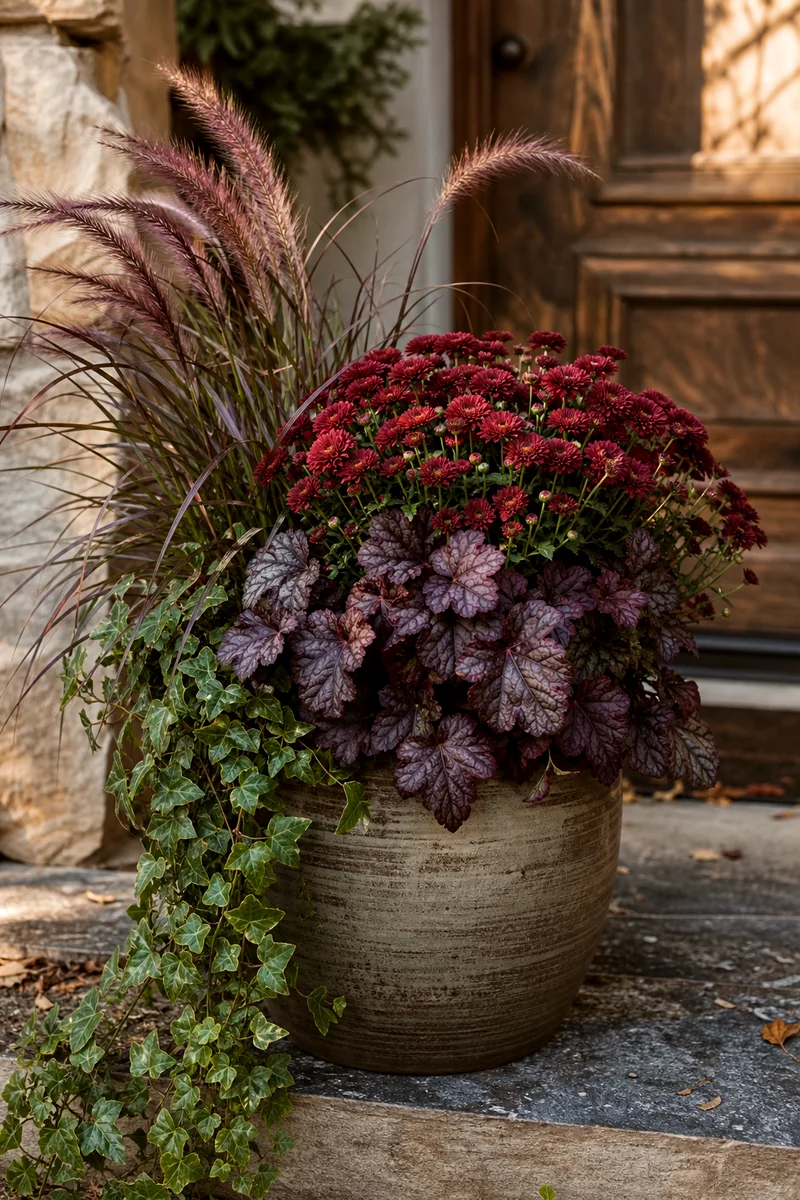 Burgundy mums with heuchera, purple fountain grass, and trailing ivy in a porch planter