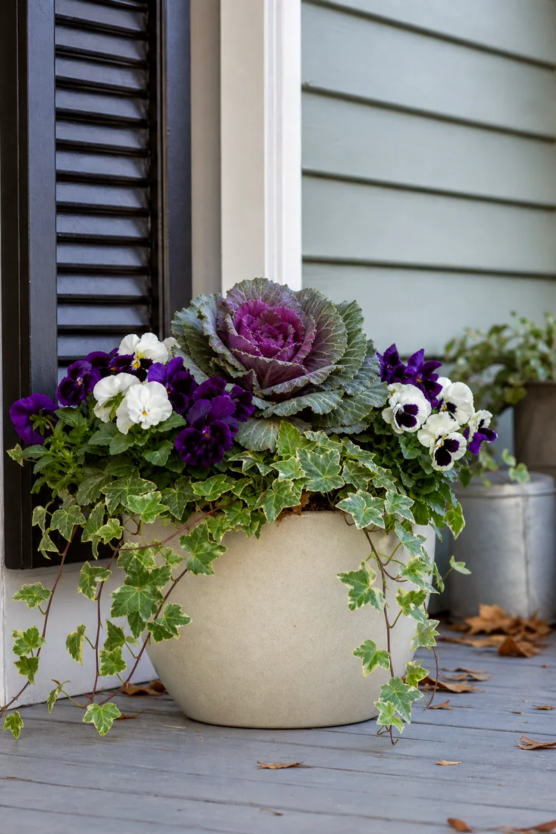 Ornamental cabbage with purple and white pansies and trailing ivy in a container