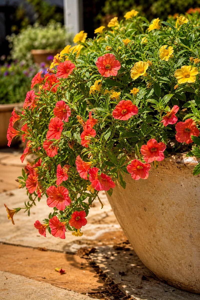 Calibrachoa Blooming in a Mild Fall Container Coral and yellow calibrachoa flowers cascading from a sunny fall container