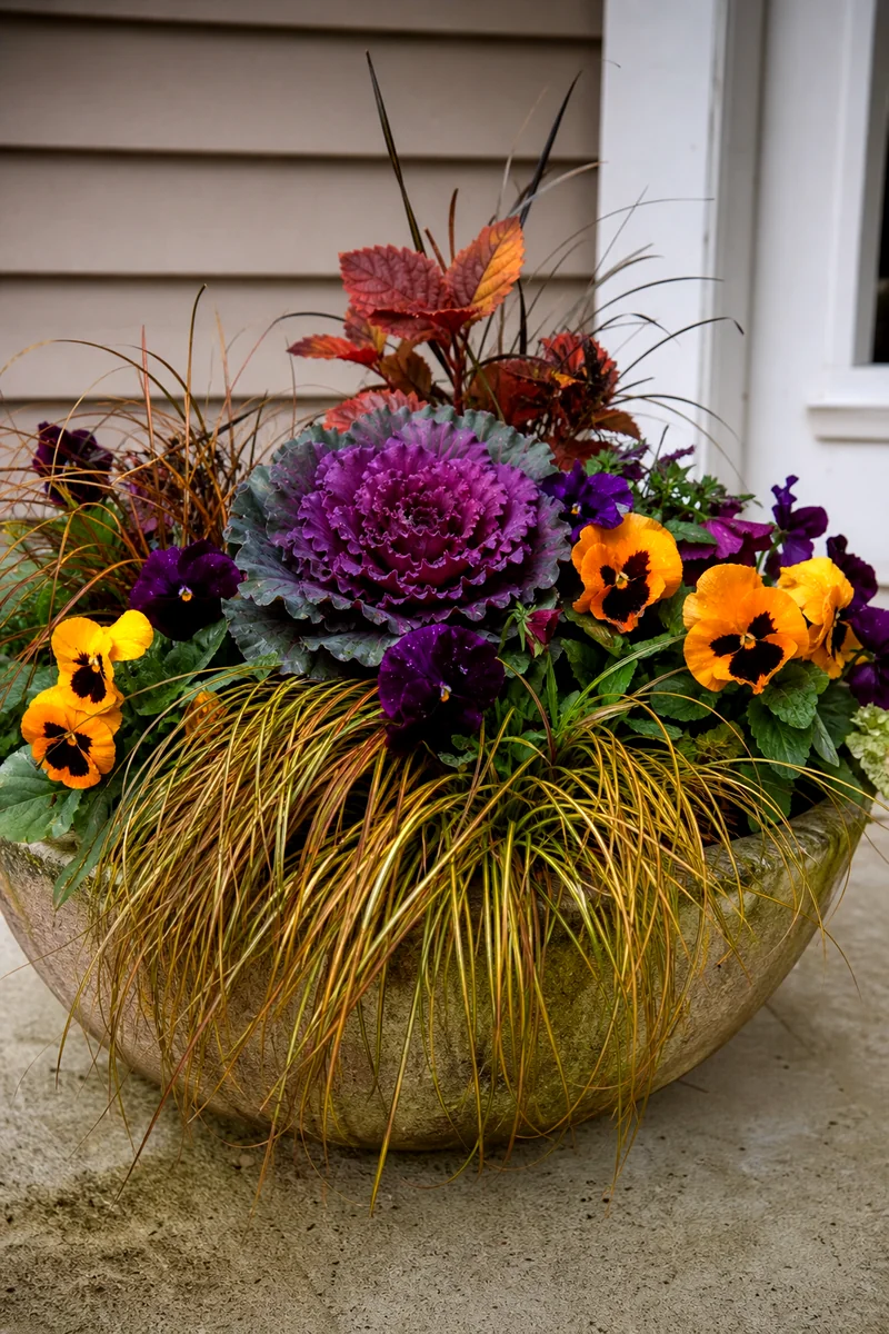 Carex Softening a Mixed Fall Planter Bronze and gold carex foliage arching around cabbage and pansies in a fall planter