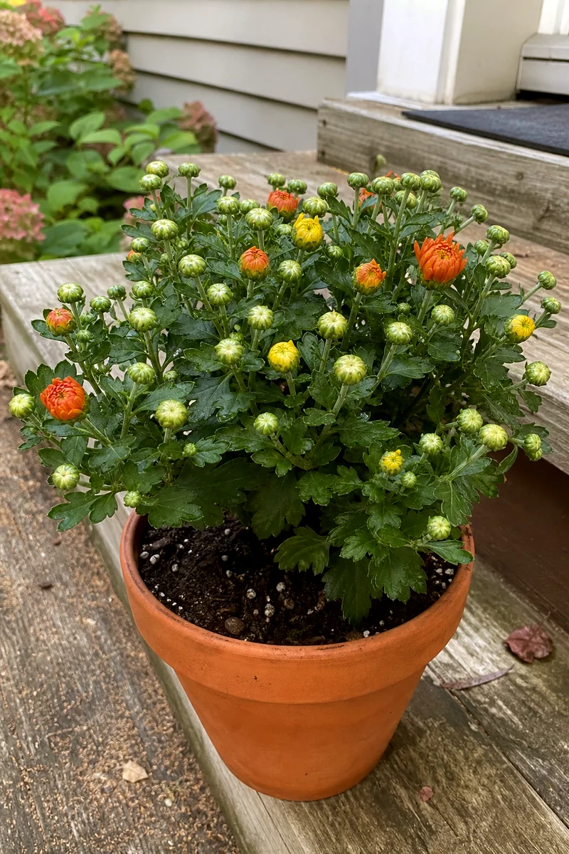 Chrysanthemums With Tight Buds for Fall Planters Potted chrysanthemums with tight orange and yellow buds on a porch step