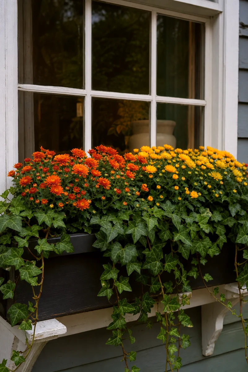 Classic Mum and Ivy Window Box Orange and yellow mums with trailing ivy in a fall window box