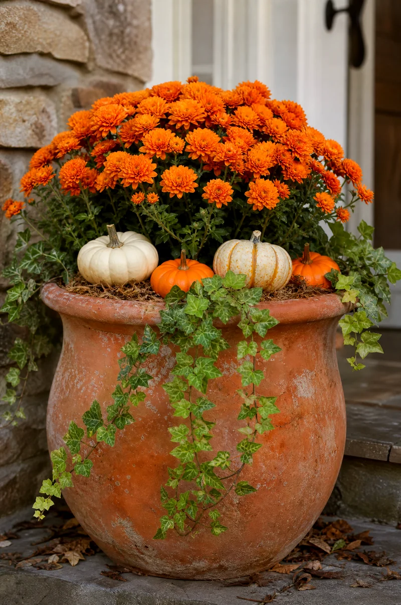Classic Mum and Pumpkin Fall Container Terracotta pot with orange mums, trailing ivy, and mini pumpkins on a porch step
