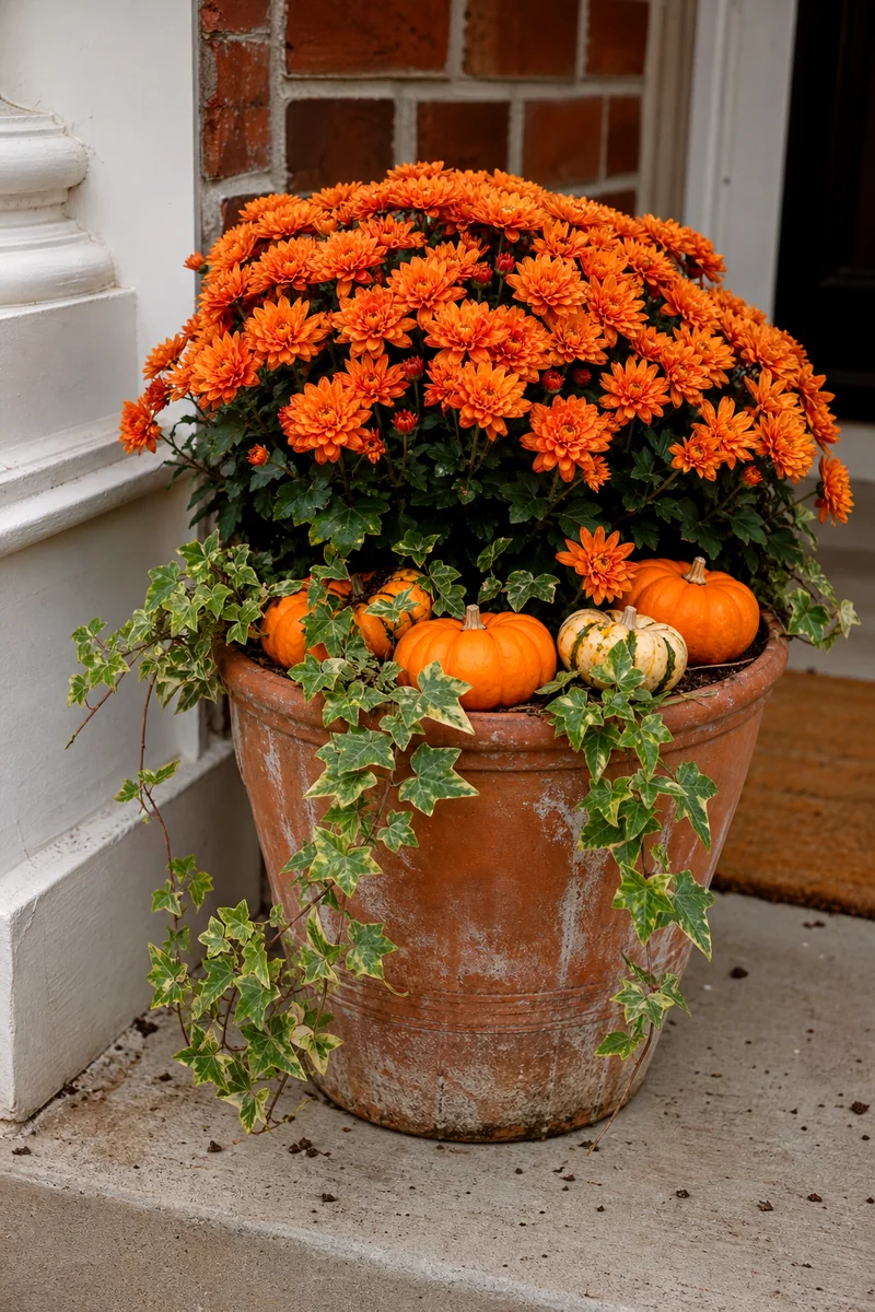 Orange mums in a terracotta pot with mini pumpkins and trailing ivy