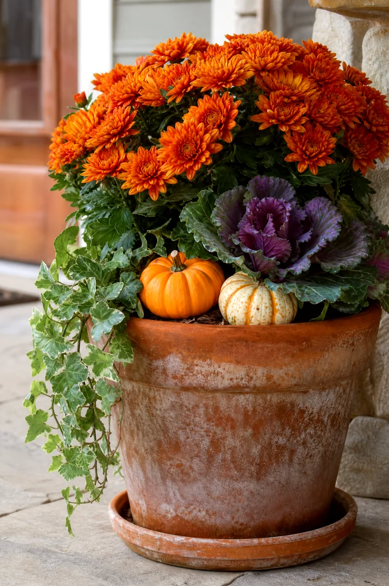 Classic Pumpkin and Mum Terracotta Planter Burnt-orange mums with mini pumpkins, ivy, and ornamental kale in a terracotta pot