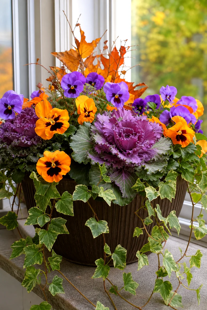 Orange and purple pansies with ornamental kale and trailing ivy in a fall planter