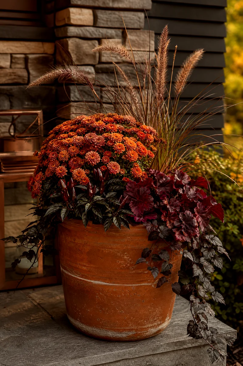 Copper and Burgundy Fall Container Rust mums, burgundy foliage, bronze grasses, and dark ornamental peppers in a warm fall planter