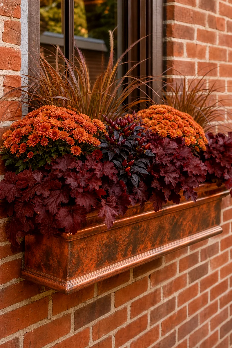 Copper and Burgundy Window Box Rust mums, burgundy heuchera, bronze sedges, and dark ornamental peppers in a fall window box