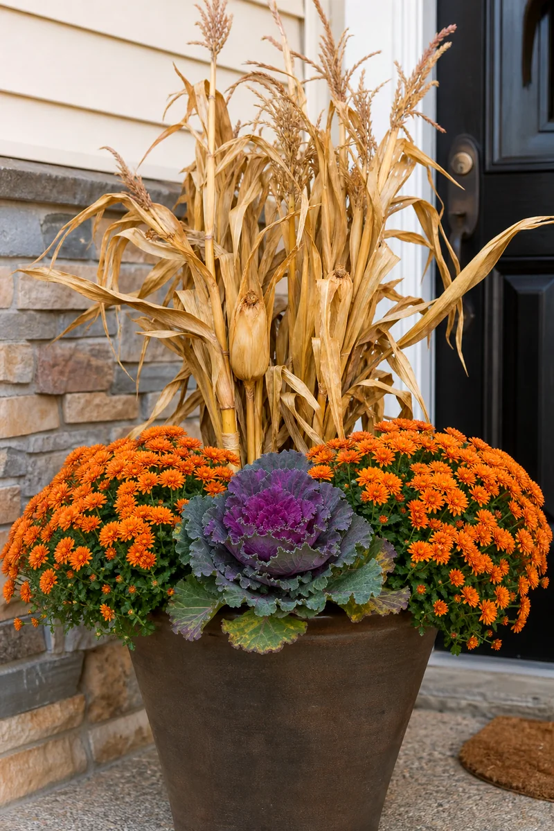 Dwarf cornstalks with orange mums and ornamental cabbage in a fall planter