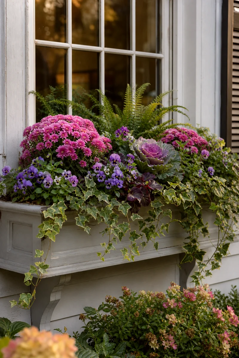 Cottage Garden Fall Window Box Pink mums, violas, ferns, ivy, and ornamental cabbage in a cottage-style window box