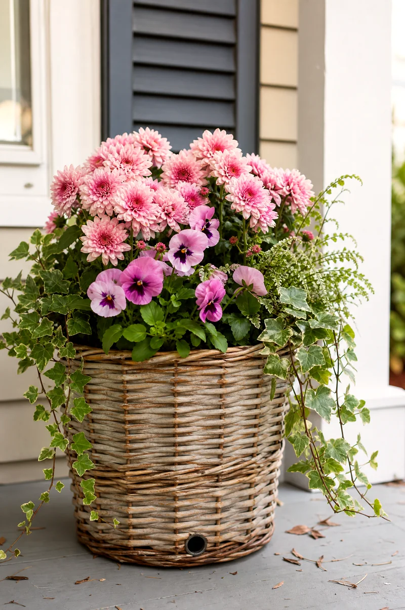Cottage Garden Mum Basket Blush-pink mums, violas, ferns, and ivy in a lined wicker basket