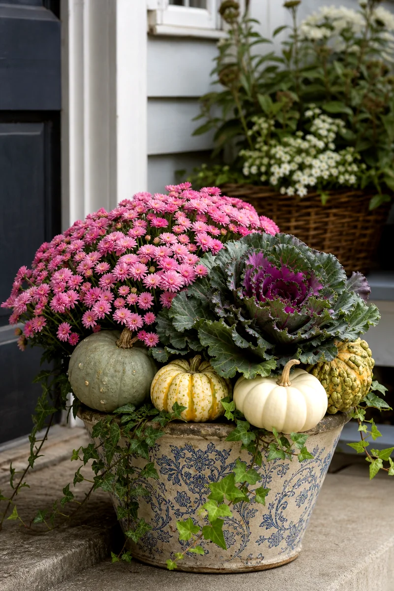 Pink mums with ornamental kale and pale mini pumpkins in a vintage ceramic pot