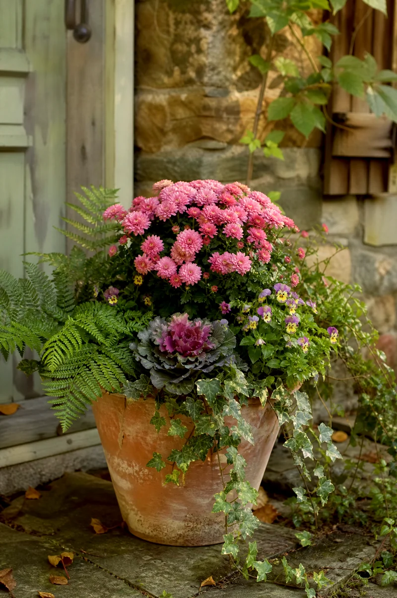 Cottage-Style Fall Container Pink mums, violas, ferns, ivy, and ornamental kale in a relaxed cottage-style pot