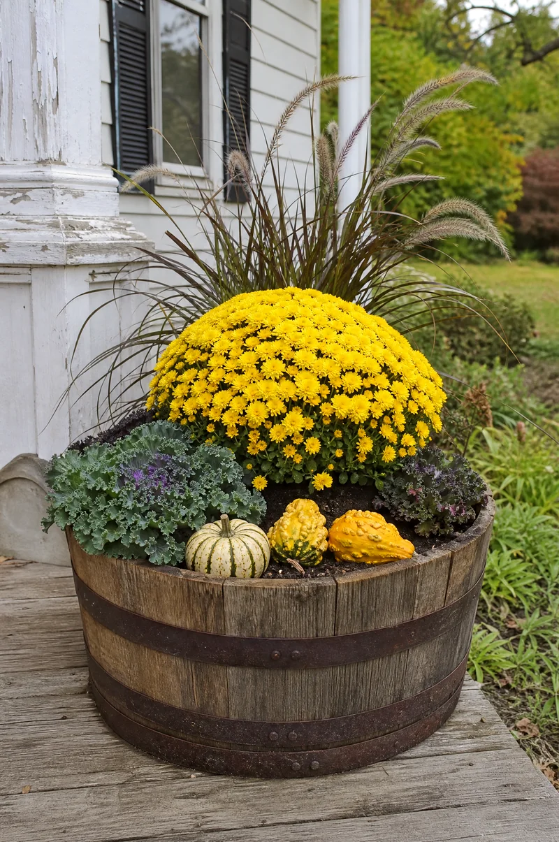 Country Barrel Yellow Mum Planter Half whiskey barrel planted with yellow mums, grasses, kale, and miniature gourds