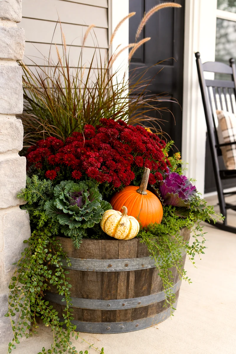 Half whiskey barrel filled with red mums, grasses, pumpkins, and seasonal greenery