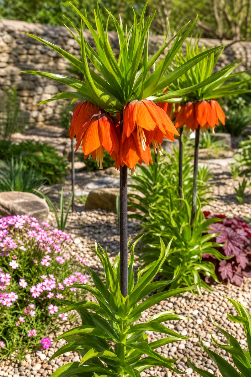 Tall orange crown imperial flowers standing above a sunny border
