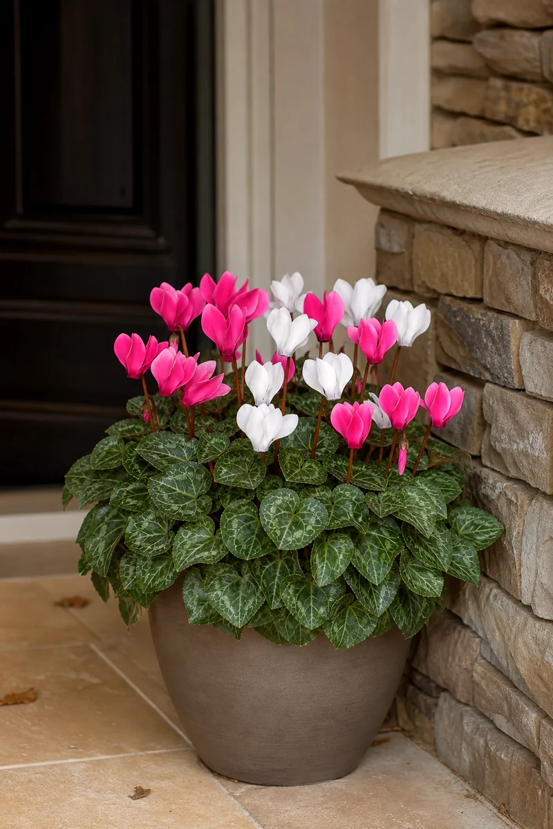 Cyclamen in a Protected Porch Planter Pink and white cyclamen flowers with patterned leaves in a sheltered porch pot